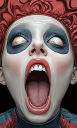 a creepy clown with a long white nose and big blue eyes