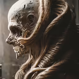 a man with long hair and skull makeup standing outside