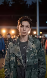 a woman standing outside in an army fatigue coat at night