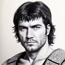 this is a black and white photo of a man in armor