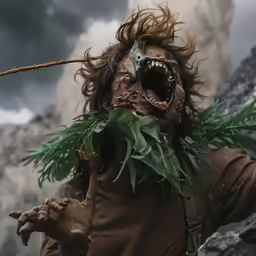 a close up of a person with large teeth and plants on his shoulders