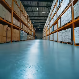 several shelves filled with boxes at a warehouse