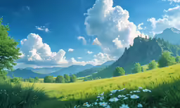 an artistic scene with mountains, trees, and flowers