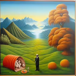 a painting of a man standing in the middle of a large field,painting with man standing in front of orange barrel,a painting that has a man standing in front of a painting,a painting of a man with a hat and a barrel,a painting of a man and a barrel with oranges in it