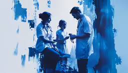 two women and a man on a scooter stand in a blue art installation