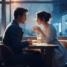 a man and a woman sitting at a table in front of windows