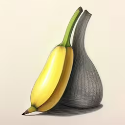 a couple of bananas sitting on top of a grey object,two gray vases with two yellow bananas on each of them,a drawing of two bananas in a vase,two bananas in a pear shaped painting on paper,a drawing of two bananas on a white surface