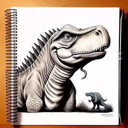 a drawing of a dinosaur and an iguader,drawing book with dinosaurs on the pages on top of wooden surface