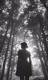 woman in dark and foggy woods looking down at trees