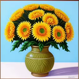 this is an image of sunflowers in a vase,a painting of yellow flowers in a vase