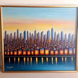 a painting of a city by the water