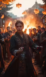 a chinese princess holding an antique lantern and wearing a robe with fire flowing down its face