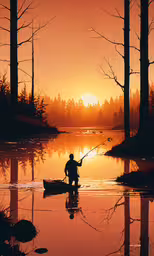 a man fishing in the evening on a lake with trees,a man on a boat fishing at sunrise