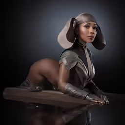 woman in gladiator costume leaning on ledge with mirror in dark background