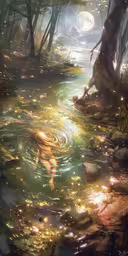 a digital painting of water in a forest at night,a girl is sitting on some rocks by a stream