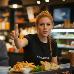 a woman in a black shirt and some food