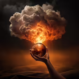 a person holding a sphere with the earth in front of a stormy sky