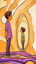a man and boy standing near an object in a landscape