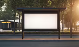 an empty bus stop with a small screen on the side