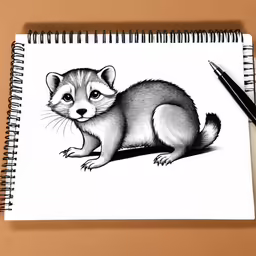 a drawing of a racoon on a paper next to a pen