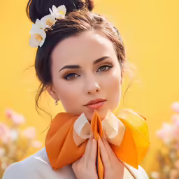 a woman standing near a yellow background wearing a scarf