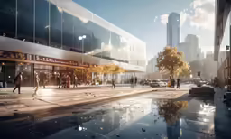 the people are walking on the street near a wet puddle
