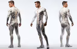 a photo of the same man in white with yellow lines,a man in futuristic bodysuit standing and facing the camera