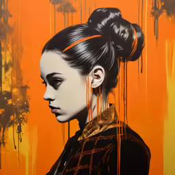 a painting that depicts a girl with black hair