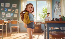 a little girl is standing in the middle of a classroom