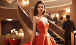 a woman in an orange gown posing for a photo