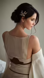 the back of a woman wearing a dress with sheer shoulders and a gold hair comb
