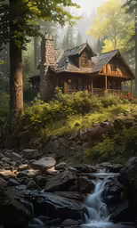 a painting of a stream flowing by a cabin in a forest