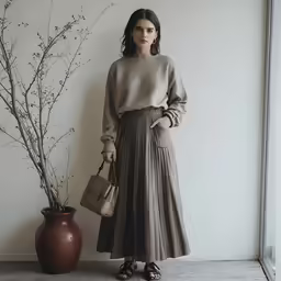 a woman with a handbag standing next to a tall plant in front of a white wall