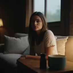 a young woman is on the couch staring at something