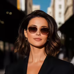a woman wearing sunglasses and black jacket