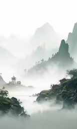some mountains covered in fog and trees