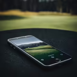 a cell phone sits on a black table
