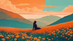 there is a woman sitting in a field with flowers,a woman sitting in a field watching the sky