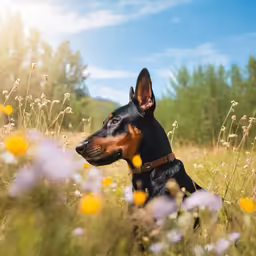 a dog sits in the middle of an open field