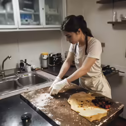 there is a woman that is doing something in the kitchen
