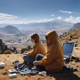 two people sitting on top of a hill