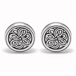 silver and black flower stud earrings on a white background