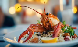 the stuffed lobster is on top of the couscous with lemon
