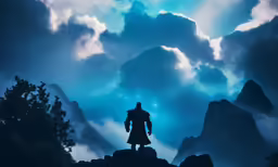 the giant, majestic creature stands on a hill overlooking mountains in dark clouds