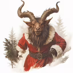 a horned man dressed in a red outfit with long horns