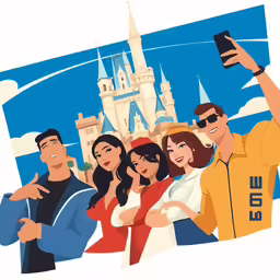 people taking pictures of each other in front of a castle