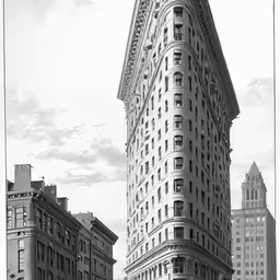 a very tall building on the corner of two roads