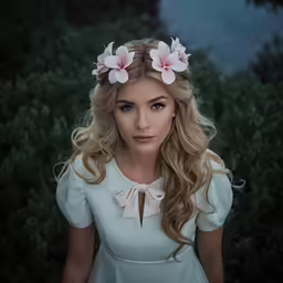 a woman in a white dress with pink flowers on her head