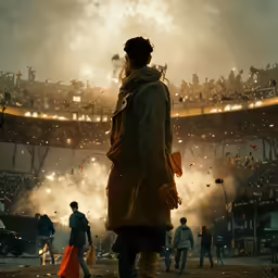 a person is in a large stadium and smoke is pouring out the air