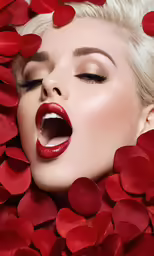 a woman with her mouth open and surrounded by petals